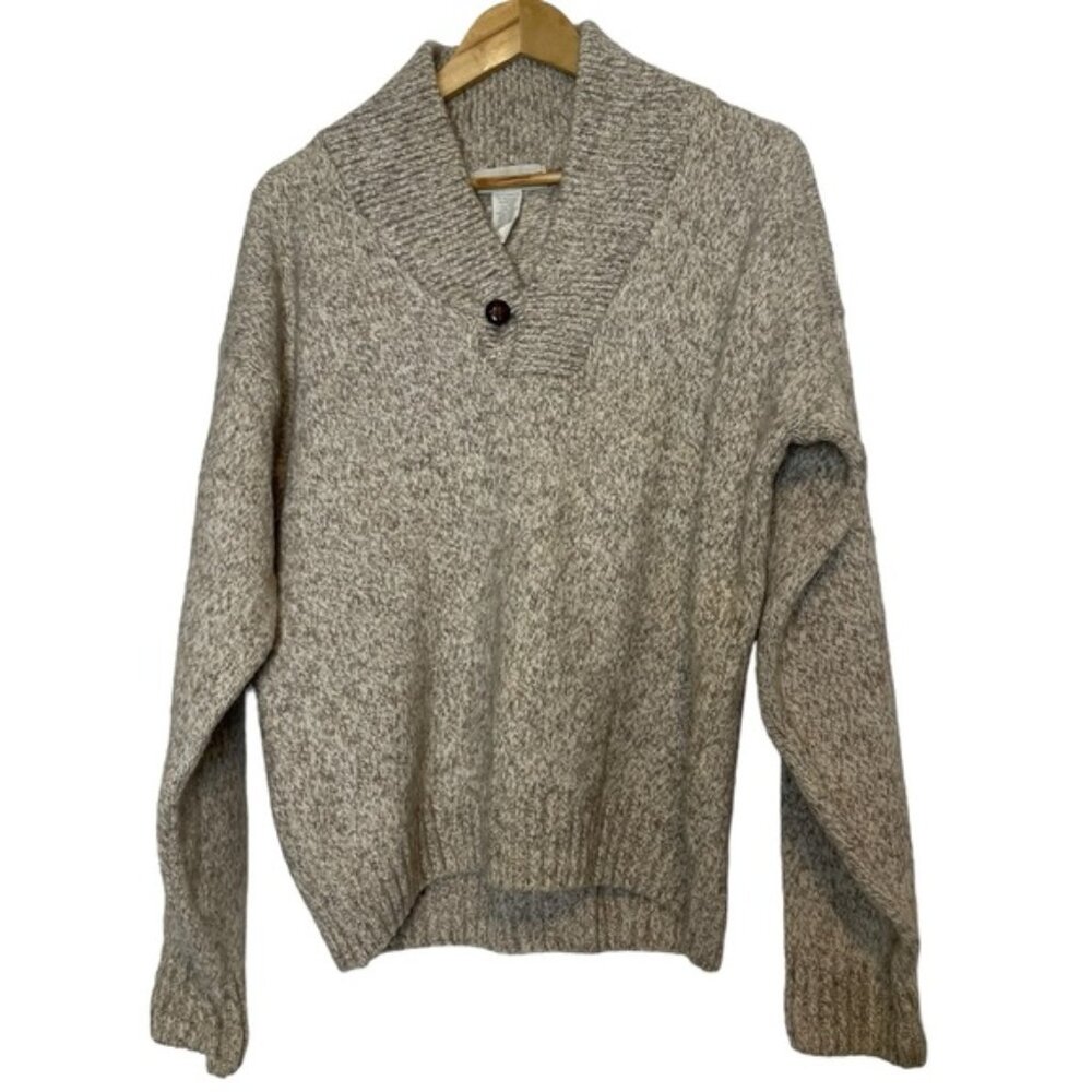 Vintage Men Sweater Wool Blend Fisherman Shawl Collar Oatmeal Beige Sz Small